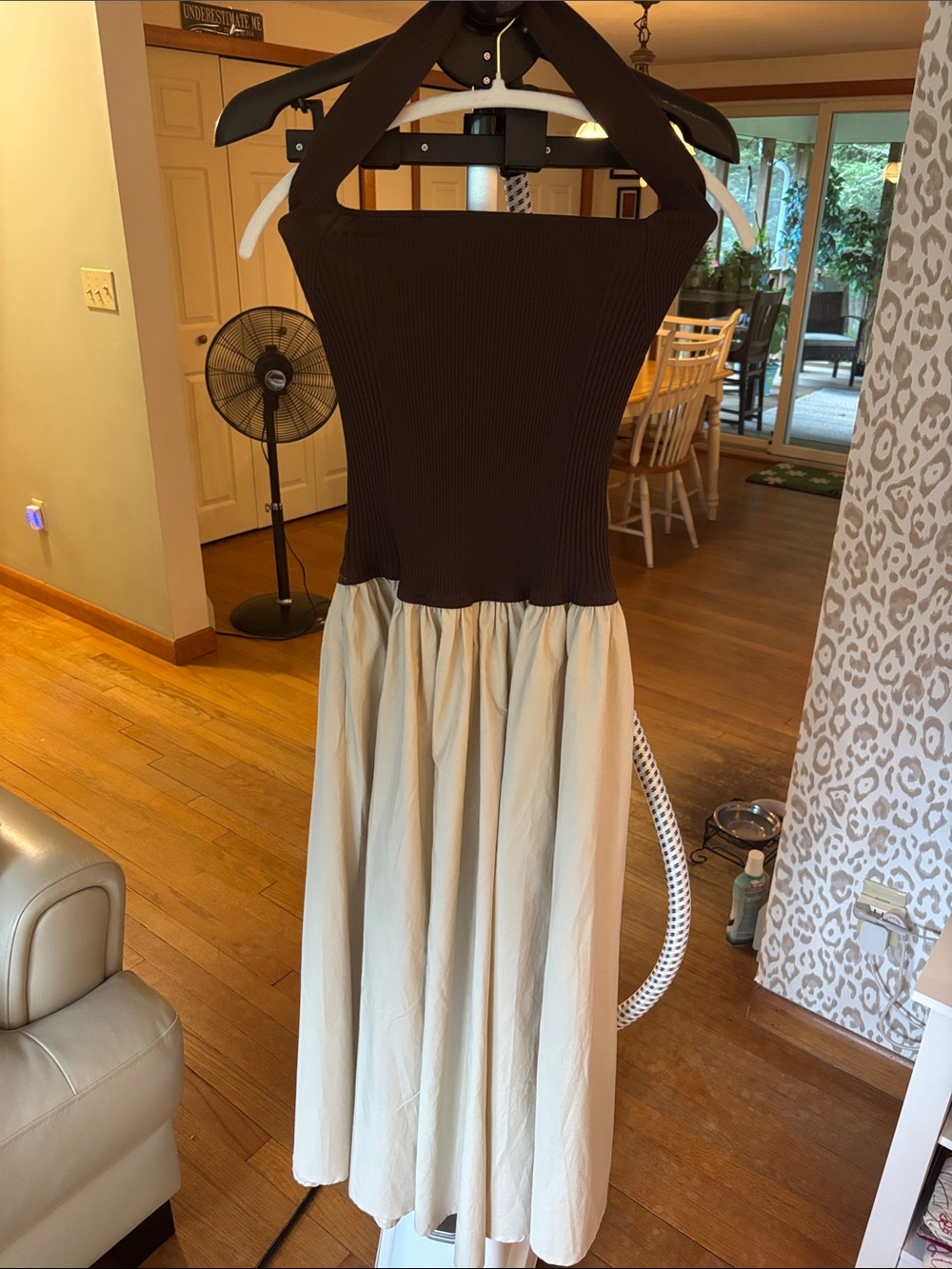 Lucy Paris Brown Ribbed One-Shoulder Dress with Cream Skirt